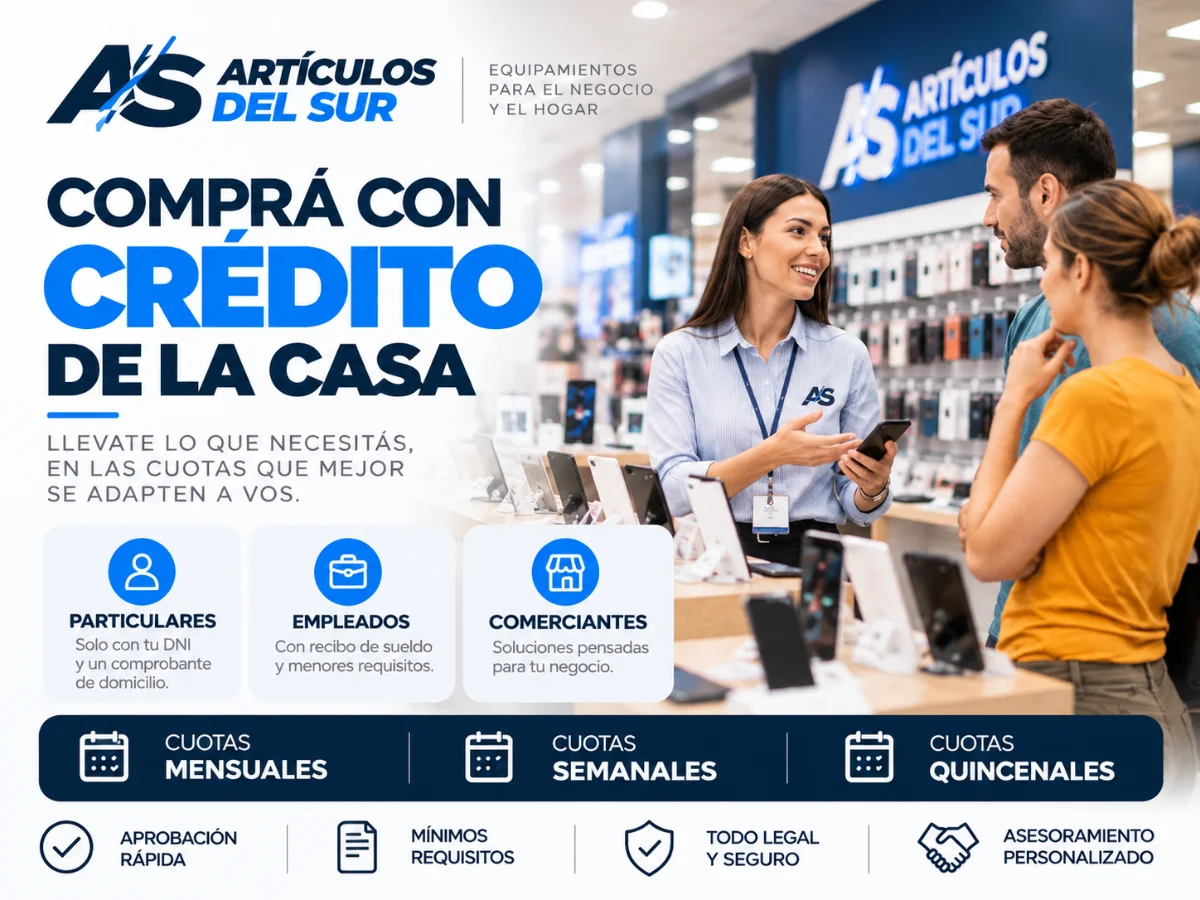 Artículos del Sur ofrece crédito de la casa en cuotas mensuales, semanales o quincenales para particulares, empleados y comerciantes.